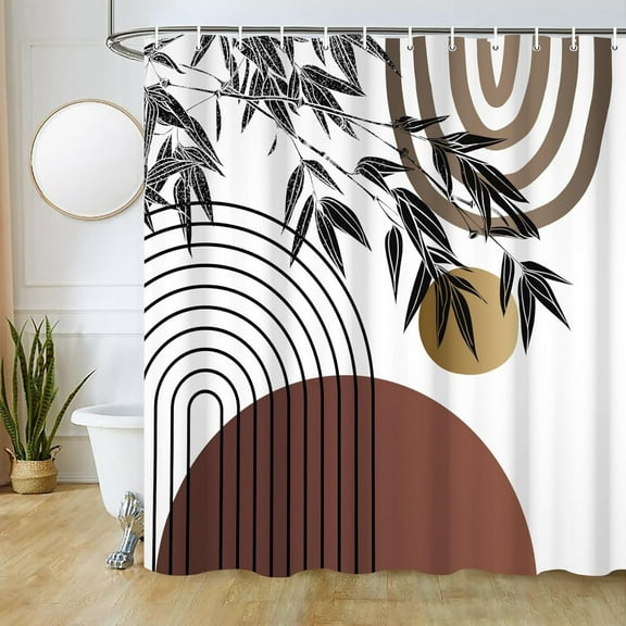 Mid Century Shower Curtain, Abstract Boho Sun Shower Curtain for Bathroom Waterproof Orange and Blue Minimalist Shower Curtain Set with Hooks, 84x84 Inch