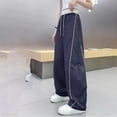 thumbnail image 5 of lnmuld Kids Contrast White Piping Track Pants Elastic Drawstring High Waist Thin Loose Jogger Casual Sport Bottoms Size:7-8 Years, 5 of 6