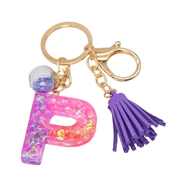 Hangs Pendant 2 Resin Glittering Letter Keychain with Color Stitching Flowing Design Purple Drop Glue English Character Key Chain