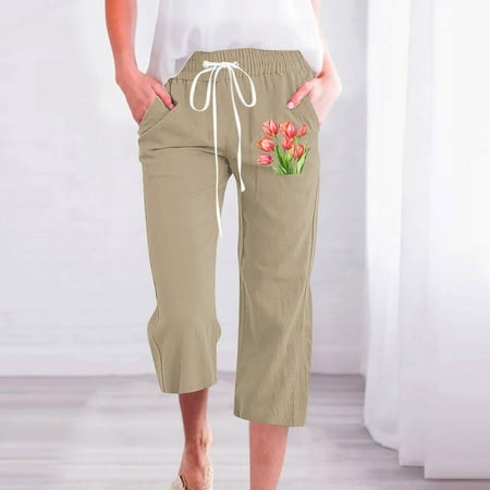 Dwaogom Womens Casual Printing Elastic Loose Pants Straight Wide Leg Trousers With Pocket Floral Print Drawstring Palazzo Lounge Pant Plus Size Panties