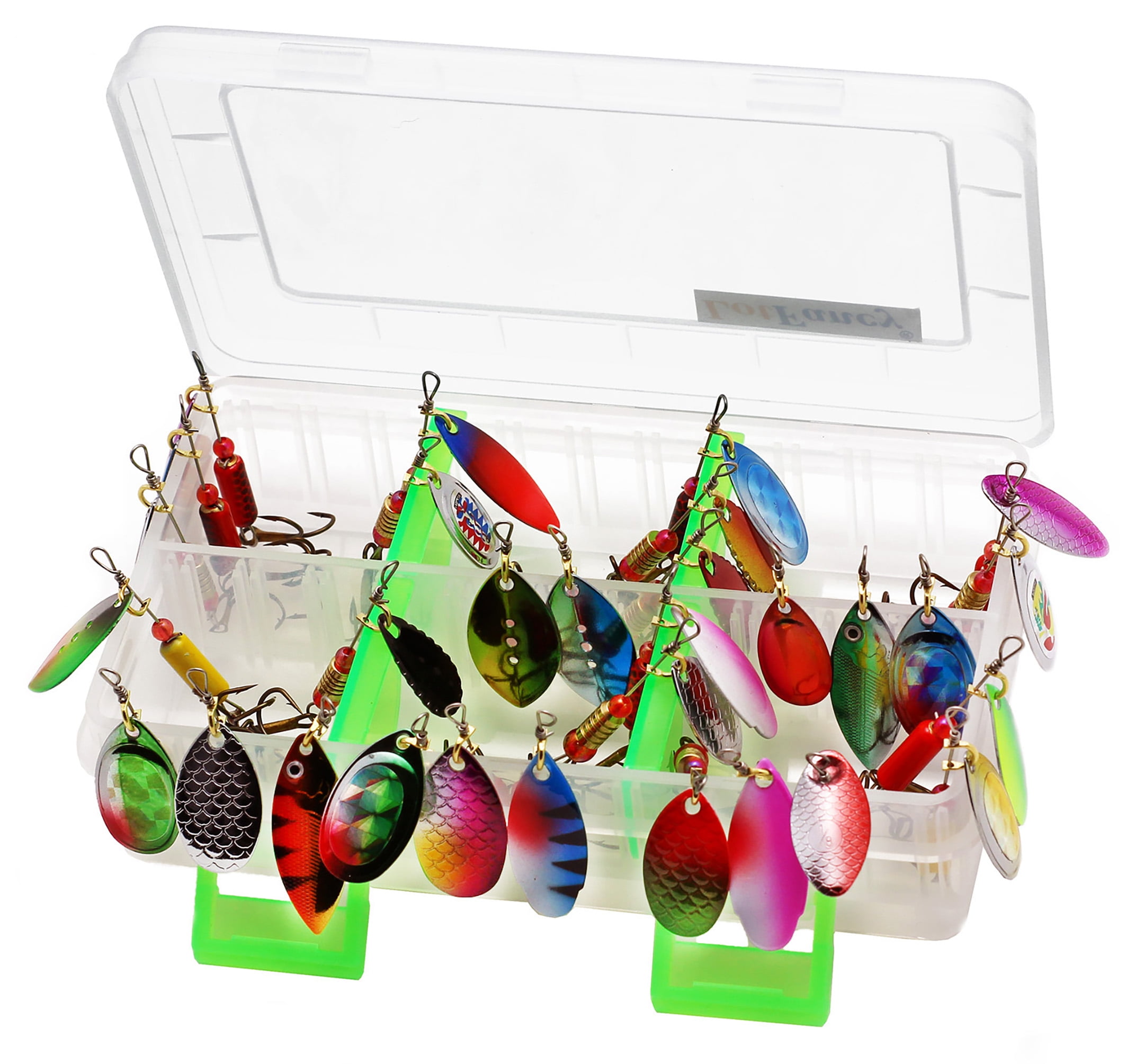 LotFancy Hard Metal Fishing Lures, 30 Spinner Baits with Tackle