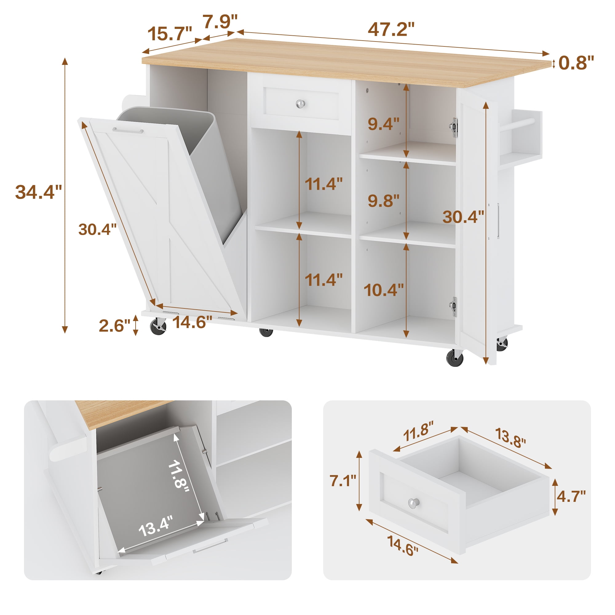 spanspace 48" Kitchen Island Cart with Drop Leaf , 10 Gallon Storage and Tilt Out Trash Can Cabinet , Portable Kitchen Island with Wheels Drawer and Adjustable Shelves for Kitchen, White