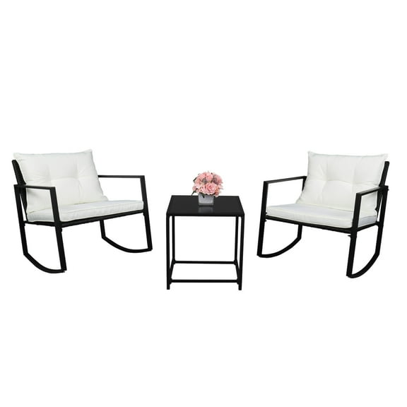 3 Piece Rocking Bistro Set Wicker Patio Outdoor Furniture Porch Chairs Conversation Sets with Two Rocking Chairs, Glass Coffee Table, Durable Patio Furniture Set for Backyard Porch Poolside, Q16781