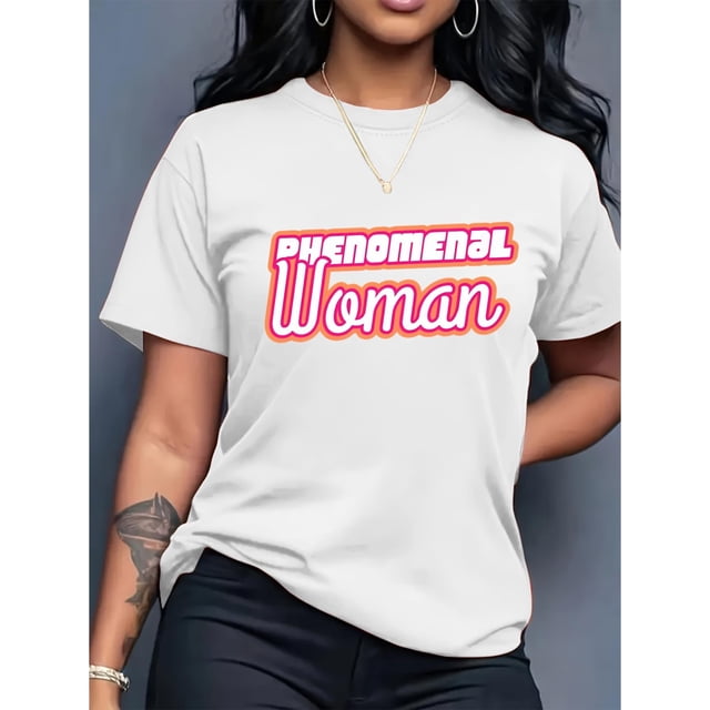 T-Shirt Graphique Femme "Femme Phénoménique", Col Rond Décontracté Manches Courtes, Tissu Polyester Extensible, 180gsm, Mode Printemps/été/automne, Fête des Pères, Fête des Mères, Nouvel An, Spri
