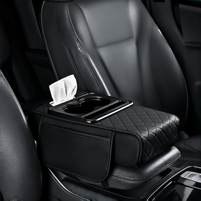 5-in-1 Multifunctional PU Leather Car Armrest Box Mat, Center Console Organizer with Cup Holder, Phone & Tissue Slots, Waterproof Elastic Pad for Most Vehicles