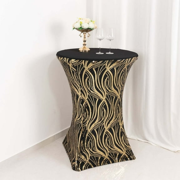 BalsaCircle Black Gold Cocktail Spandex Table Cover Wave Embroidered Sequins Party Events