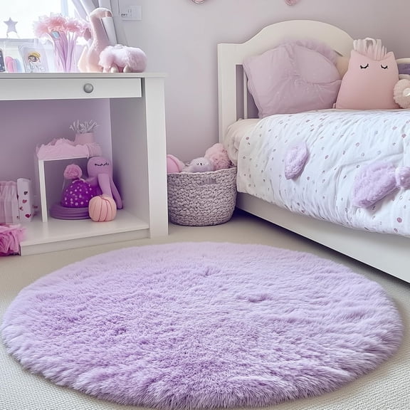 Round Rugs 5Ft, Purple Area Rug, Circle Rug for Kids Bedroom, Fluffy Shaggy Carpets, Indoor Small Teepee Furry Mat, Comfy Reading Carpets, Circular Rugs for Girls Baby Room Decor Aesthetic