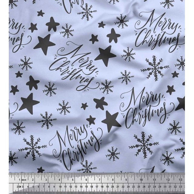 Soimoi Blue Poly Georgette Fabric Star & Snowflakes Text Print Fabric by the Yard 42 Inch Wide