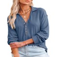 thumbnail image 1 of PENGXIANG Women Solid Color Button Up V Neck Long Sleeves Blouses Tops Relaxed Fit Henley Shirts, 1 of 5