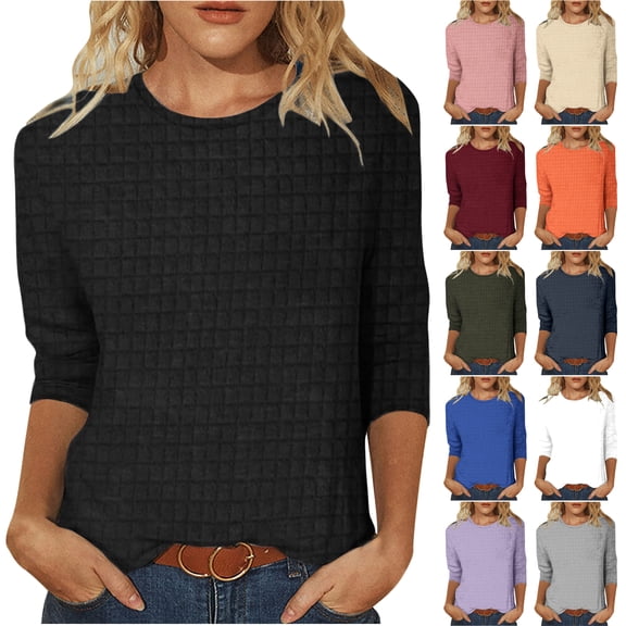 JPVDPA Womens 3/4 Sleeve Tshirt Tops Solid Color Fall Winter Fashion Crewneck Blouse Tee Trendy Woman Clothing Orange L