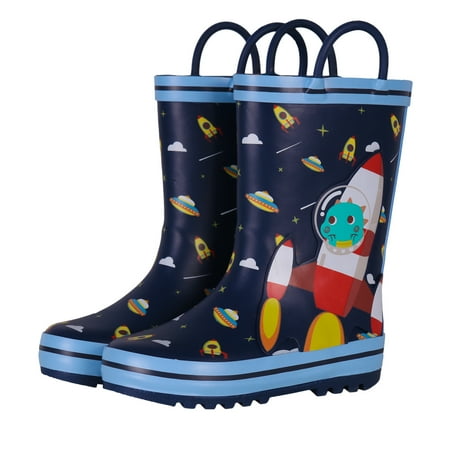 

Toddler Rain Boots Kids Waterproof Printed Boys Girls Natural Rubber Rainboots with Handles Blue Rocket 6T