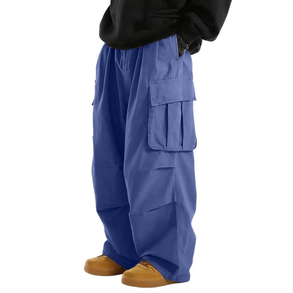 CLOISE Lightweight Cargo Pants for Men with Multi Pocket Mid Waist Wide Leg Long Pants Solid Baggy Vacation Outfits Blue L