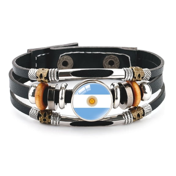 Uijokdef Country Flag Leather Bracelet, Multi-Layer Black Cowhide Design, 7.87 Inches