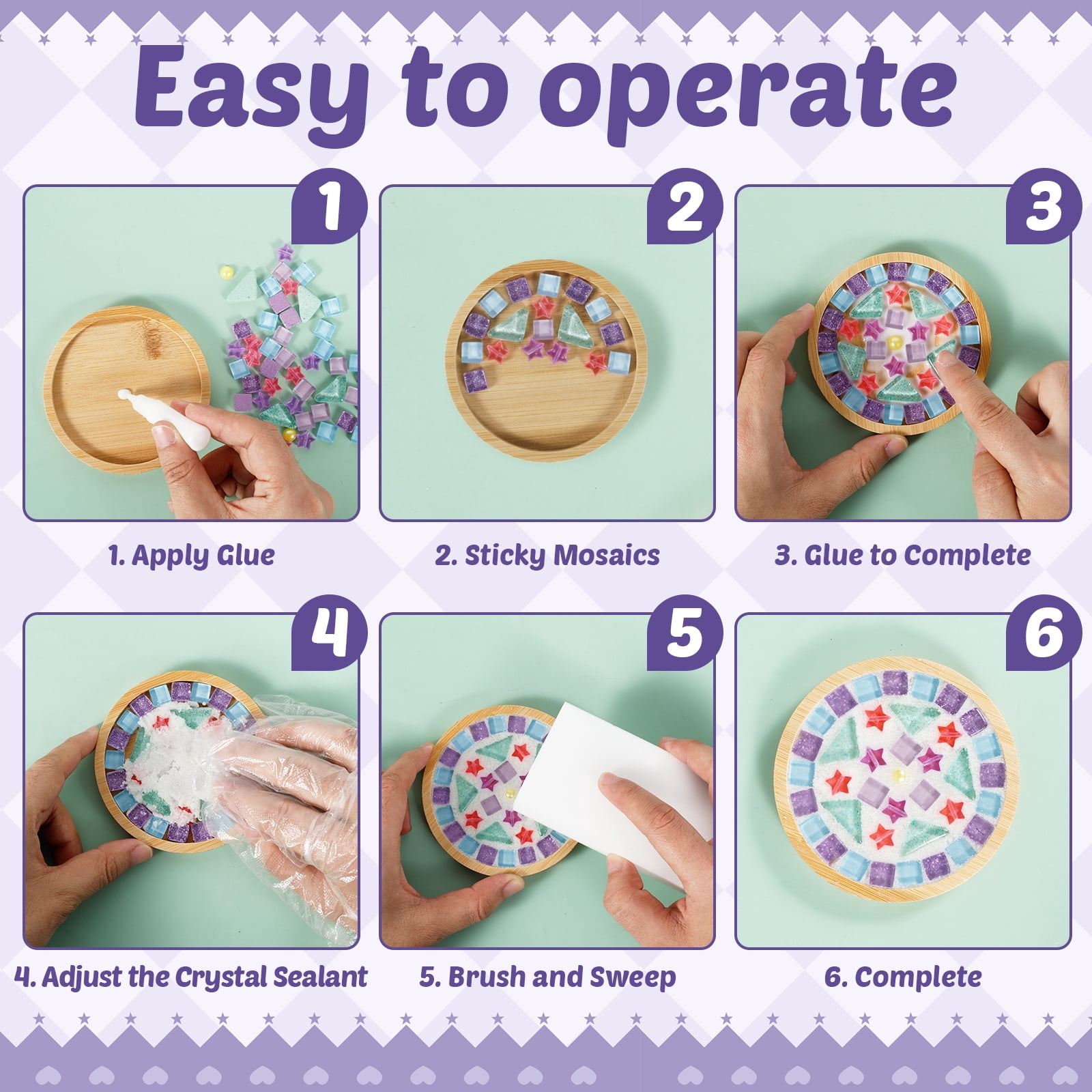 Austok 4Pcs DlY Mosaic Tile for Cup Pads Craft Mixed Color Glass Tile Kit with Bamboo Cup Pad for Adult DlY Cup Pad Kit Mosaic Supply for Handmade Home Decoration Present