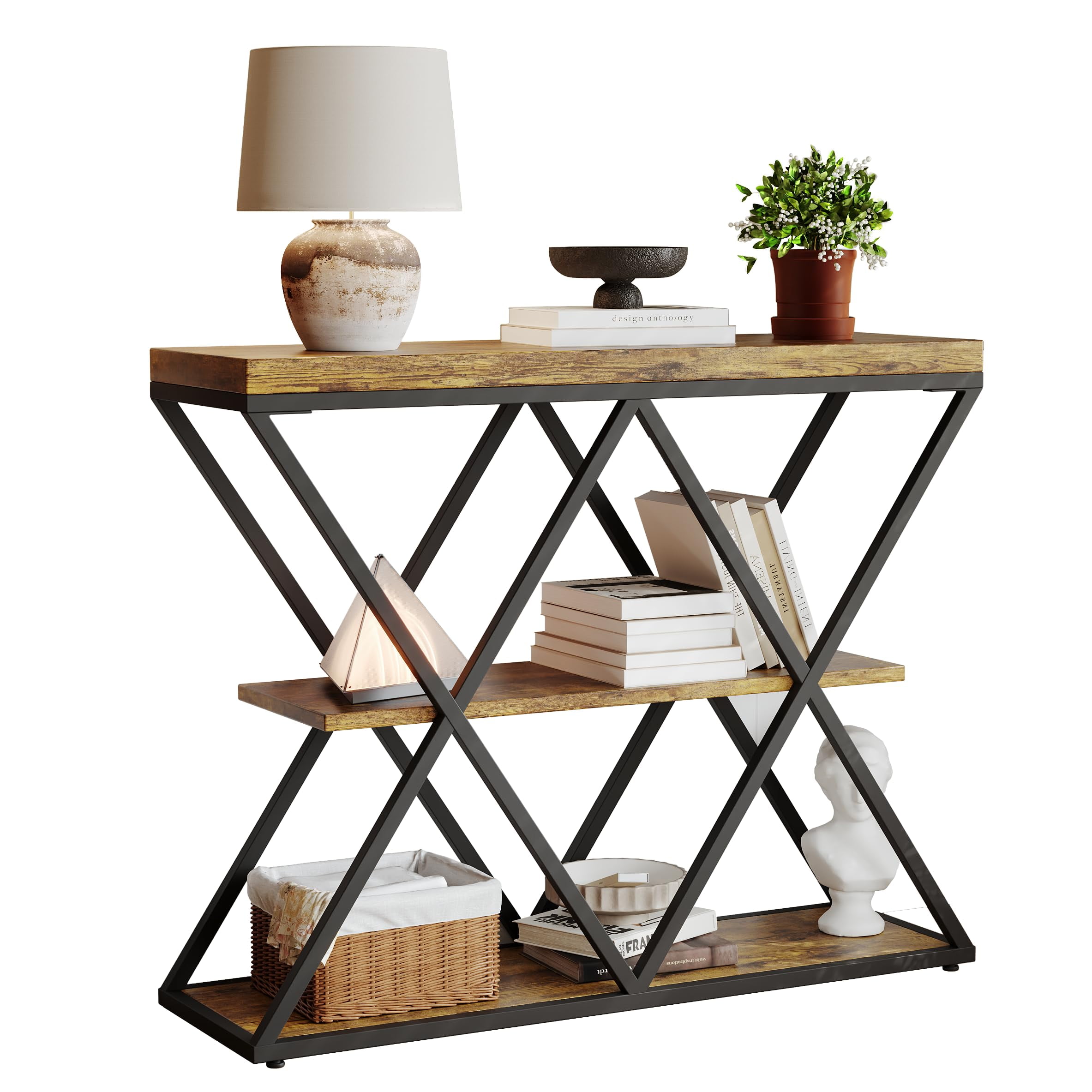 3-Tier Industrial Entryway Console Table - X-Shaped Metal Frame & Open Storage Shelves, Ideal Hallway Accent Table