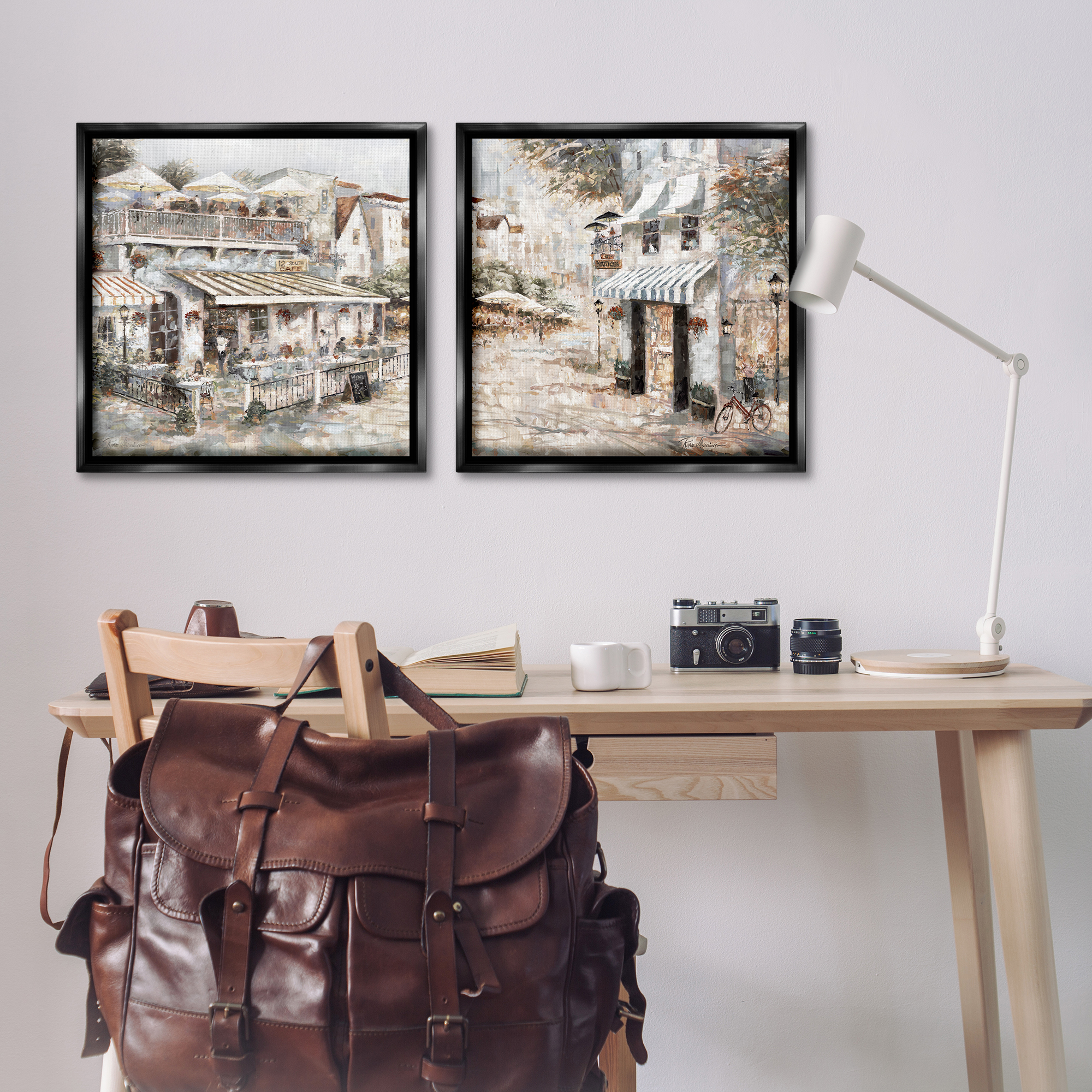 Stupell Industries Town Bistros Architecture Scenic & Cityscapes Painting Black Floater Framed Canvas Art Print Wall Art, 25 x 25, Set of 2