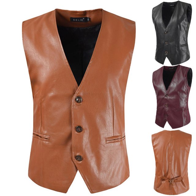 Activity Wish Plus Size Men's Leather Slim-Fit Plus Size Leather Vest British Men's Leather Clip