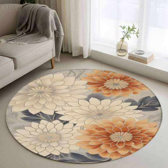 Burnt Orange Grey Round Rug 3ft Washable Circle Entryway Rugs Non Slip Spring Floral Botanical Retro Area Rug Indoor Floor Carpet for Bedroom Kitchen Living Room Home Office Dining Room Nursery