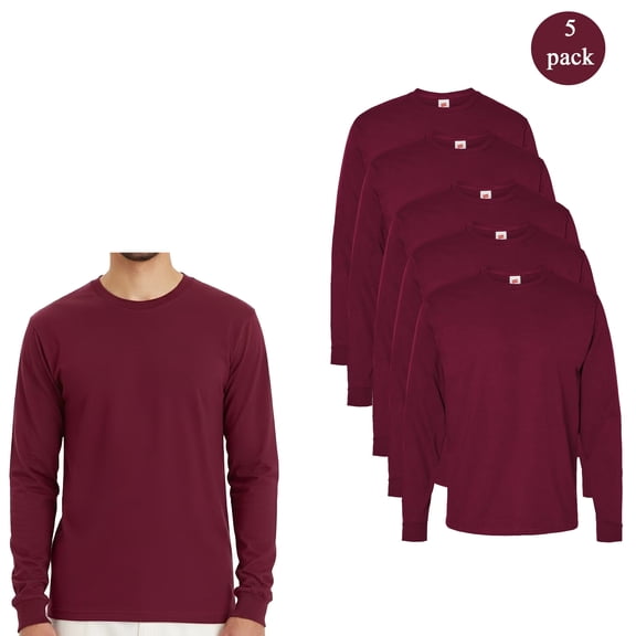 Hanes 5 Pack Essential Long Sleeve T-Shirt, Men's Crewneck Classic Athletic Cardinal Tee, S