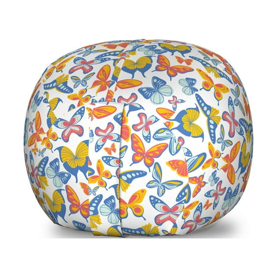 Butterfly Storage Toy Bag Chair, Repetitive Style Spring Insects Flying Creatures on Plain Backdrop, Stuffed Animal Organizer Washable Bag, Large Size, Coral Yellow and Blue, by Ambesonne