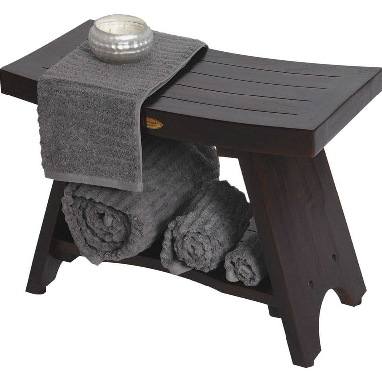Teak Rectangular Shower Bench with Shelf in Brown Finish Teak Rectangular Shower Bench with Shelf in Brown Finish