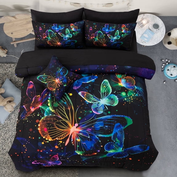 Btargot 6 Piece Girl Comforter Set Neon Glowing Butterfly Rose Twin Bedding Set Bed-in-a-Bag