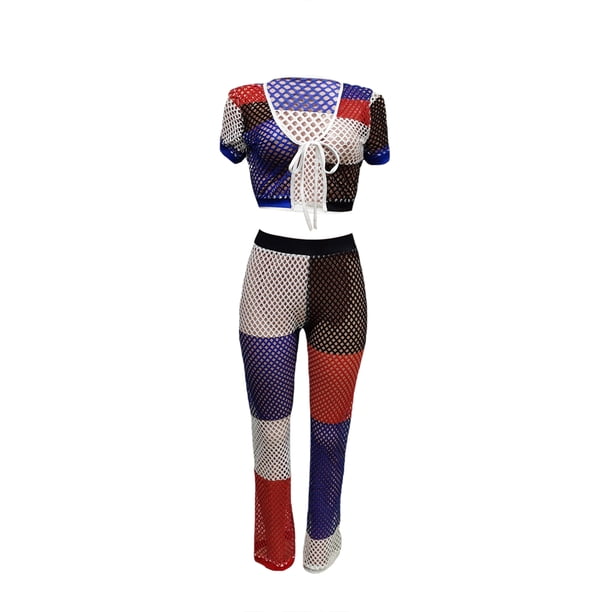 VISgogo, camisetas y pantalones de manga corta tejidos para mujer, ropa de verano con vendaje frontal en la cintura elástica a juego de colores VISgogo moda