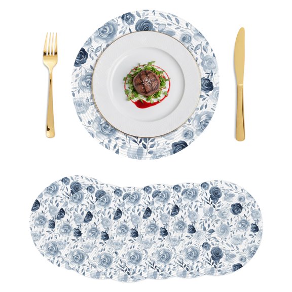Round Placemats Blue Rose 15 inch Set of 6 Table Mats for Dining Table Watercolor Flowers Leaves Heat Resistant Non-Slip Kitchen & Home Decorative Place Mat Set