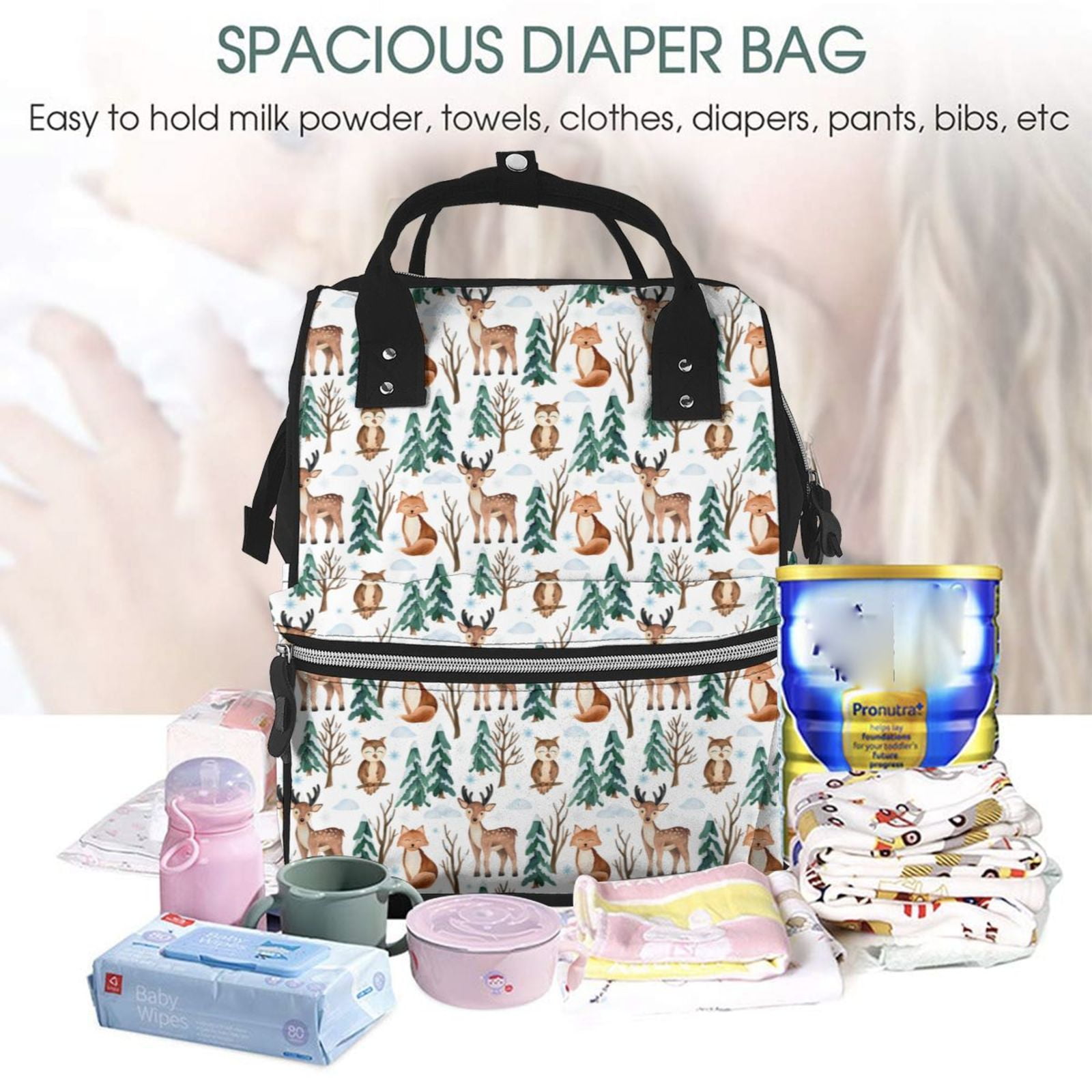 Defioc Winter Woodland Friends for Baby Diaper Bag Backpack - Baby Bag for Boys & Girls - Diaper Backpack - Large Travel Diaper Bags- Baby Registry Search & Shower Gifts
