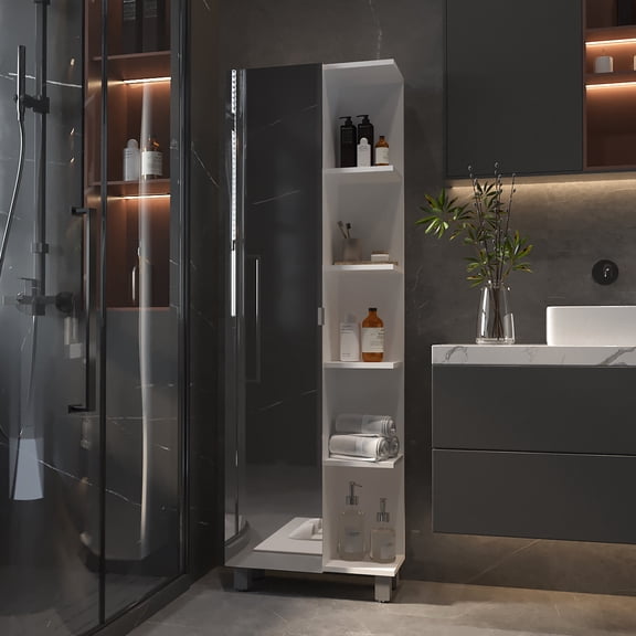 White Freestanding Cabinet, 18 - 23 in Wide, Five Shelves - Enhance Bathroom Utility