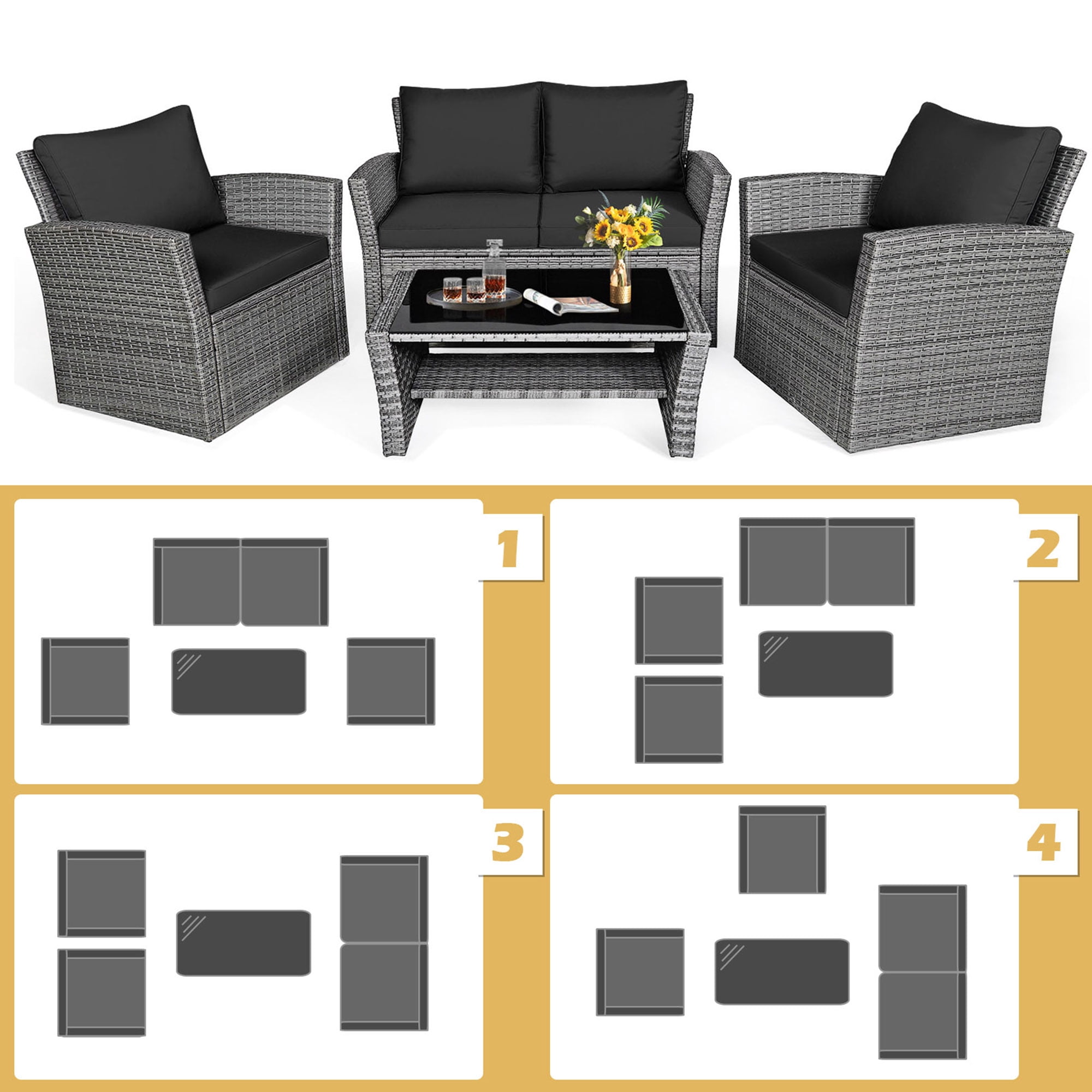 Gymax 4PCS Patio Rattan Conversation Set Outdoor Furniture Set w/ Black Cushions