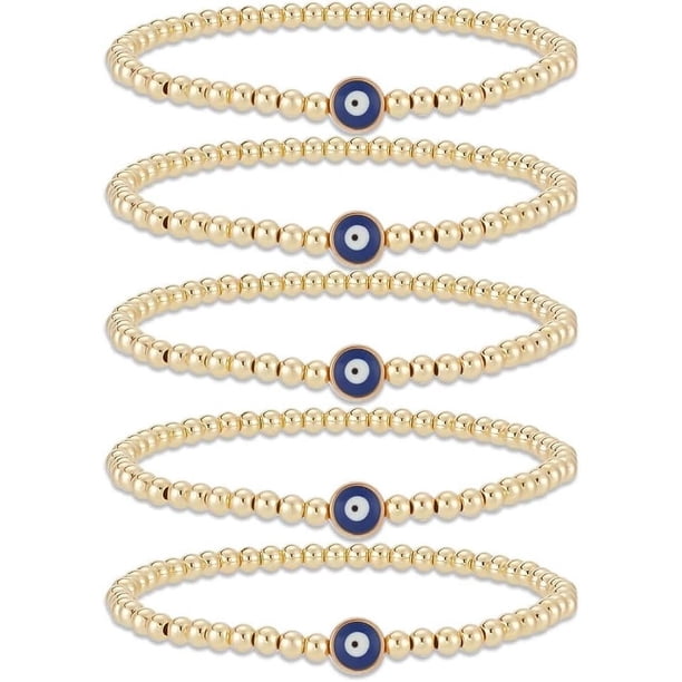 5 pulseras de cuentas doradas para mujer, pulseras elásticas ajustables de oro con ojo azul, delicadas pulseras apilables para uso diario, regalos de fiesta para cócteles.