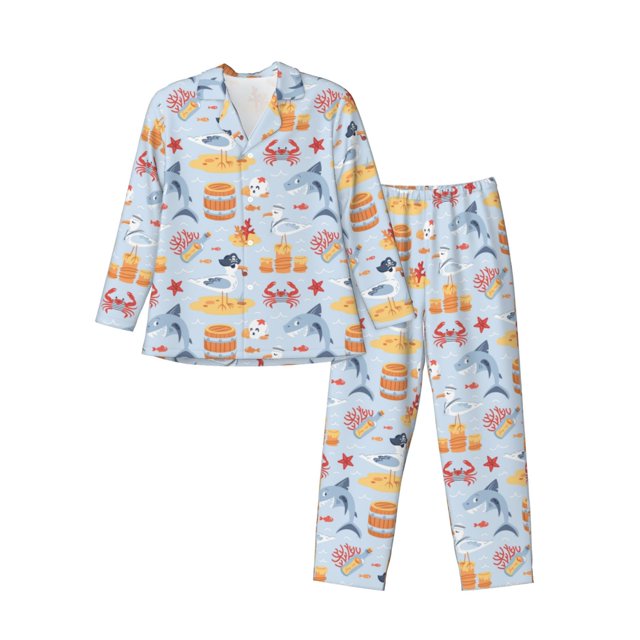 Balery Cute Shark Pijama para Hombre de Dos Piezas con Manga Larga, Conjunto de Dormir y Descanso Suave con Bolsillos-X-Large