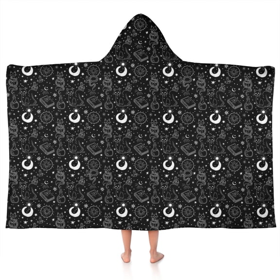 Black White Cat Snake Book Moon Star Pattern Hooded Bath Towel,50"x30" for Ages 3 To 12 Kids, Quick Dry Lightweight Soft Microfiber Hood Beach Towel Cover Up for Kids