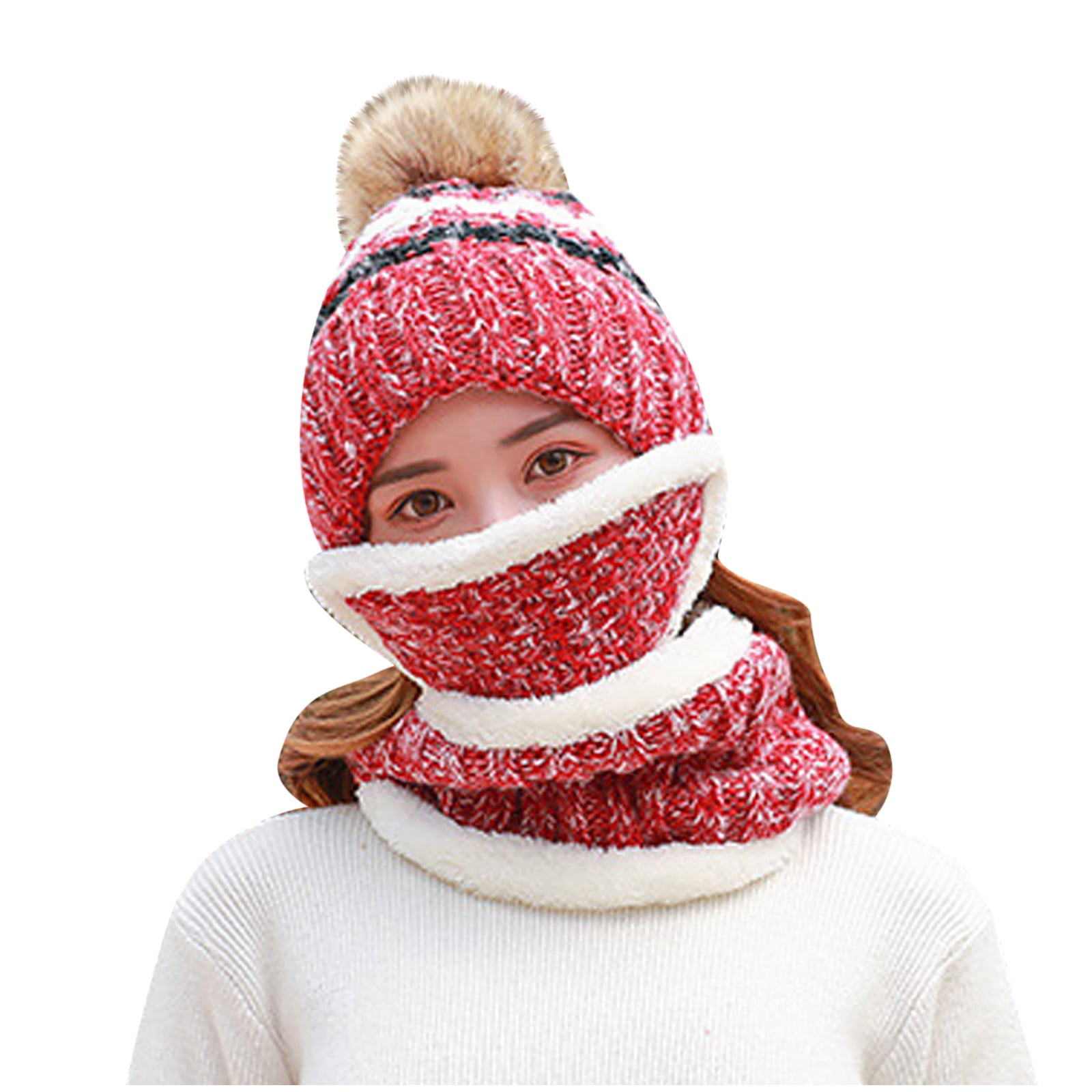 Herrnalise Fashion Women Knitted Wool Scarf Hat Pompom Cap Set Warm Winter  + Scarf + Mask 