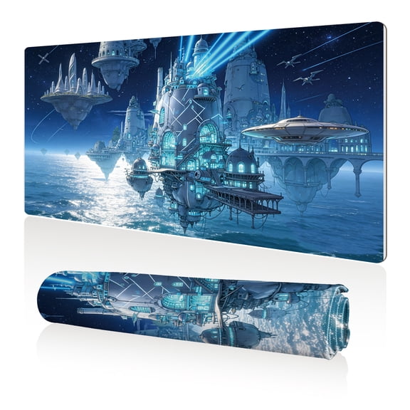 LIVEKEY XXL Mouse Pad Futuristic Floating City 80x40cm Non Slip Durable Easy Clean Stitched Edges Full Desk Coverage for Gaming Office Use