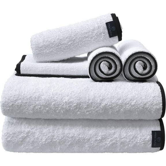 Bath Towel Set of 6 – White Bath Towels with Black Trim - 2 Bath, 2 Hand, 2 Face, Black and White Bath Towels – 100% Cotton, 600 GSM, Soft & Absorbent Towels for Bathroom