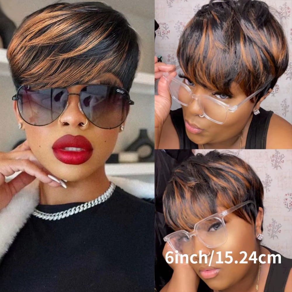 Short Straight Pixie Cut Wig Ombre 1B/30 Human Hair With Bangs 150% Density Full Machine Made Wigs For Women