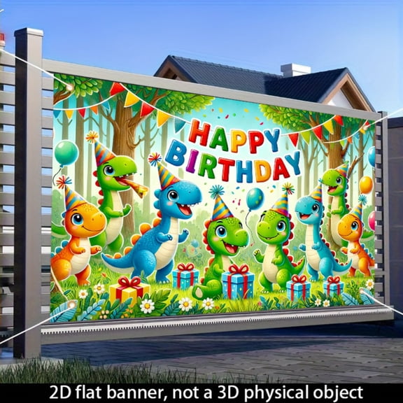 Jungle dinosaur-themed birthday banner, indoor and outdoor party decoration background cloth, 71x43 inches, birthday wall flag hanging, party hat dinosaur and colorful flag gift design, suitable for