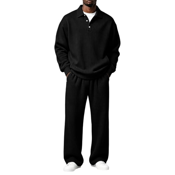 TOMVIGX Mens Sweatsuits 2 Piece Set Button Placket Waffle Knit Polo Tops and Loose Wide Leg Pants Streetwear Jogging 2 Piece Outfits