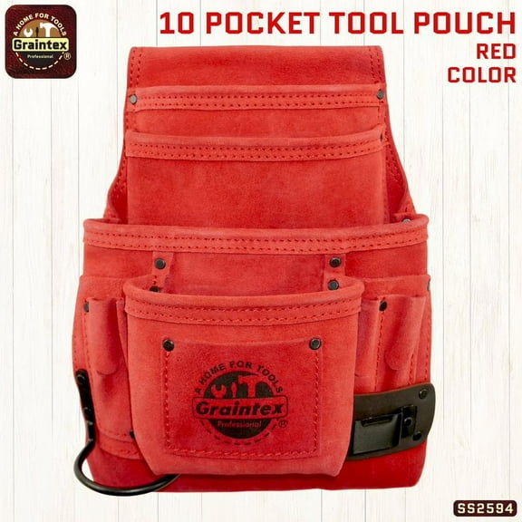 Graintex SS2594 :: 10 POCKET NAIL & TOOL POUCH RED COLOR SUEDE LEATHER