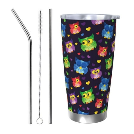 

Susaid Owls And Hearts Print 20oz Car Cup Insulated Coffee Cup Fully Spill Proof Travel Coffee Mug Stainless Steel Tumbler for Work Home Outdoor Car-Straw Three-piece Set
