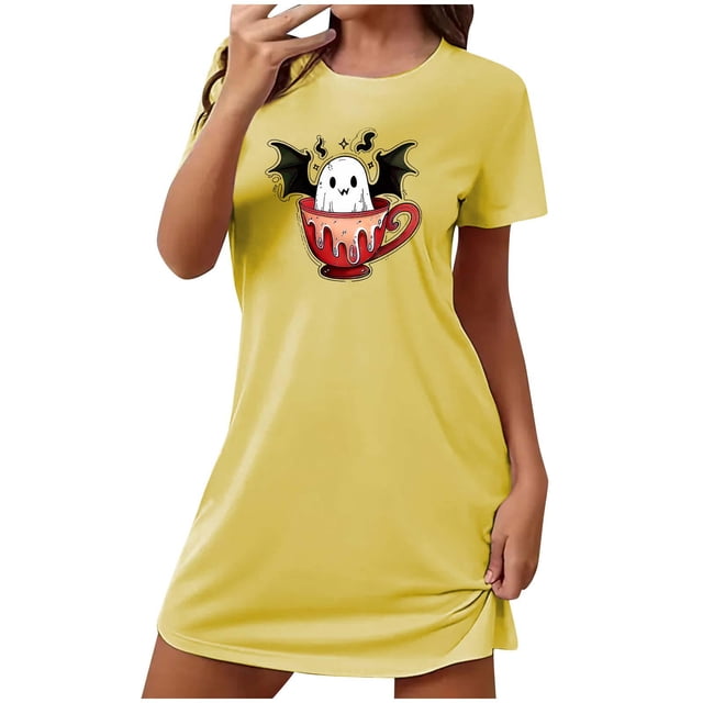 Tnhcen Robe de Nuit pour Femmes Saison Effrayante Grande Taille Imprimé Dessin Animé Manches Courtes Col Rond Polyester Spandex Doux P-2TG pour des Nuits d'Halloween Douillettes