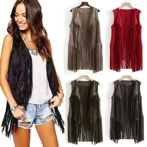 breaise Womens Vintage Western Fringe Vest Tops Classic Suede Leather 70s Cowboy Shirt Sleeveless Tassels Cardigan Jackets S-2XL Sans frais de transport