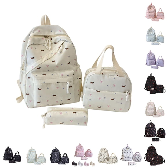 CUZIBR Large Capacity 3 Piece Backpack For Kids Cute Floral Bow Print School Backpack With Lunch Tote Bag Pencil Case Bookbag For Teen Girls Students Daily School Travel