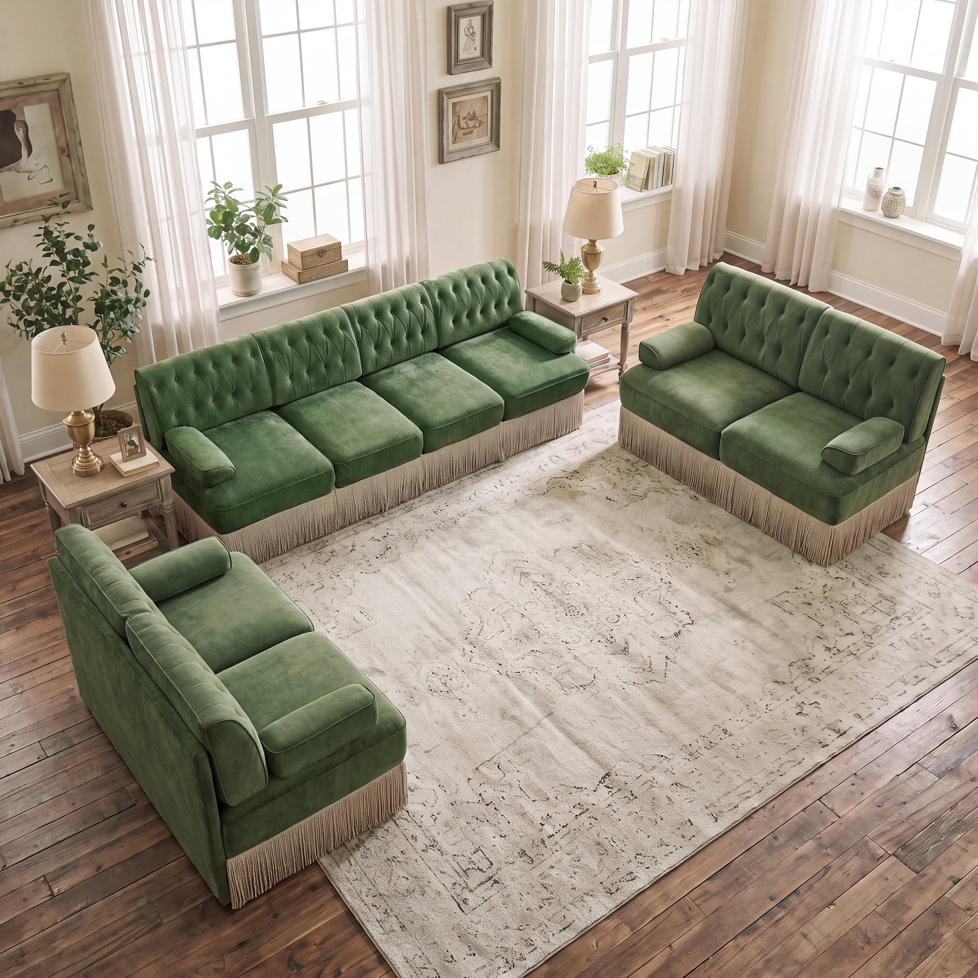 3‑Piece Sectional Sofa Set, 2 Pcs Loveseat & 1 Pcs 135" 4‑Seater Sofa Couch Set with Tassel Skirt