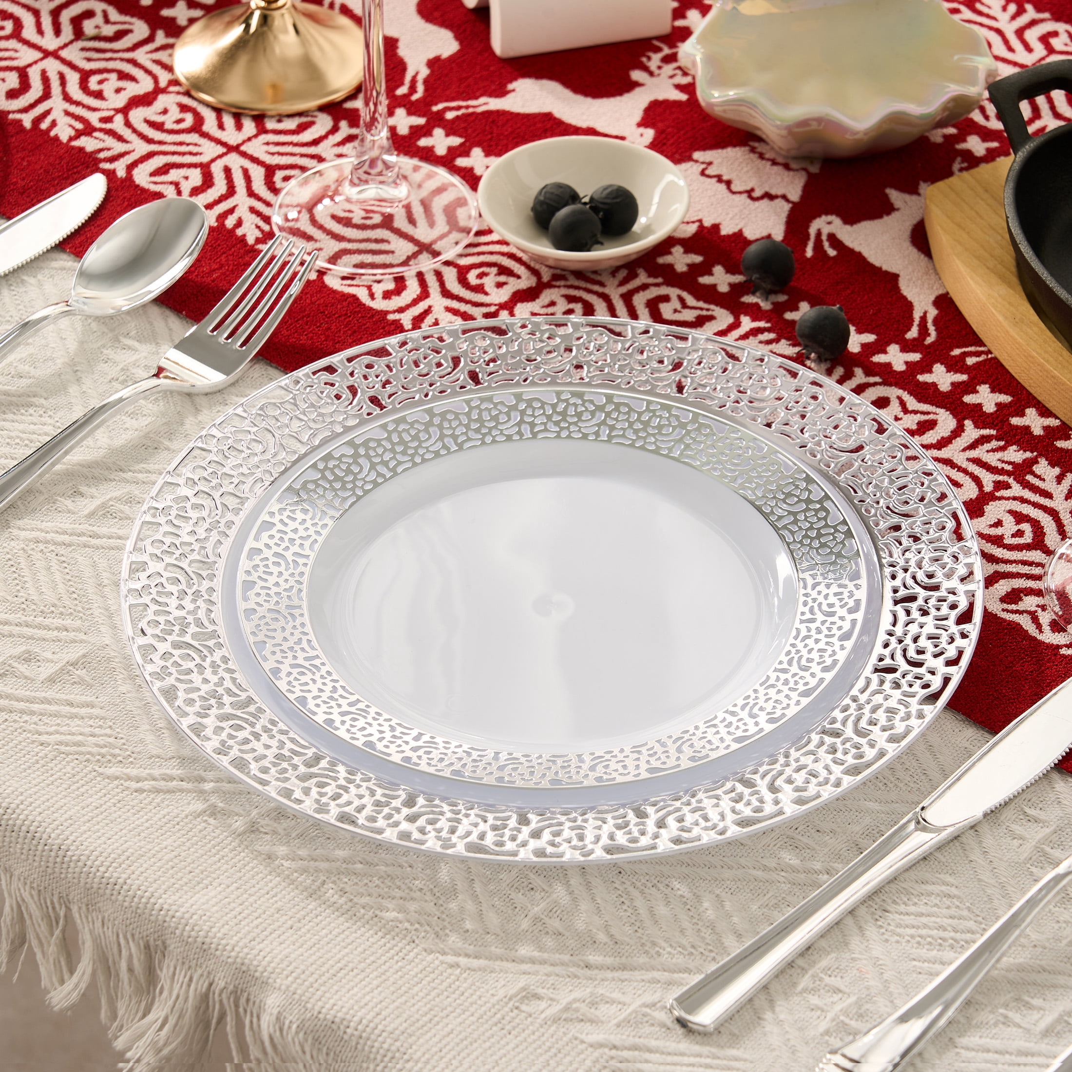 350Pcs Silver Plastic Plates Sets - Dinnerware Sets for 50 Guests,Decorative Plates for Festival Wedding Party
