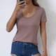 thumbnail image 3 of Camisetas Casuales de Mujer Nueva Camiseta de Manga Corta de Cuello U de Color Sólido de Verano, Poliéster, 3 of 8
