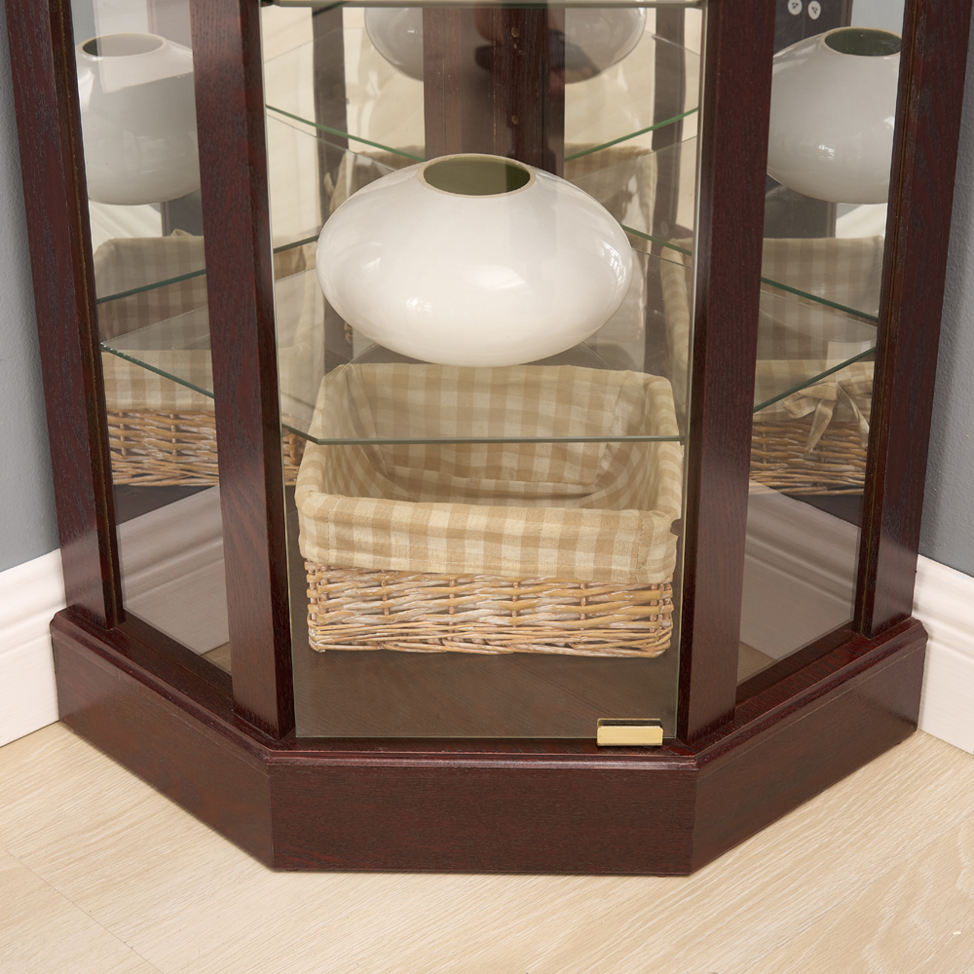 Leumius Glass Cabinet Lighted Corner Cabinet Corner Display Curio Cabinet, Glass Display with Light(Included)Bar Cabinet,Wine Cabinet with Adjustable Glass Shelves for Home Decor Cherry