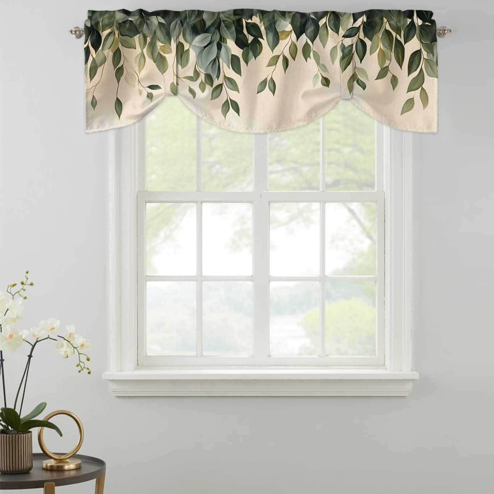 Leaf Tie Up Valance for Windows, Vintage Spring Dark Green Leaves Branch Plant Linen Texture Adjustable Rod Pocket Tie Up Valance Curtains Window Treatment for Kitchen Bathroom Bedroom 54 X 18 Inch